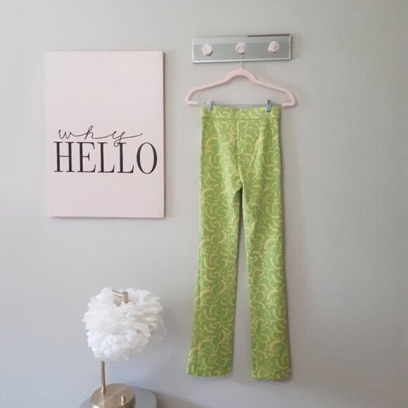 NWT Zara lime green & yellow jacquard high rise flared leggings, S - Picture 9 of 10